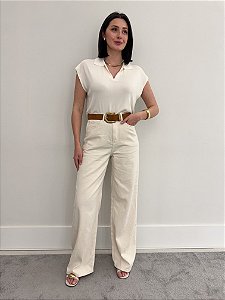 CALÇA WIDELEG JEANS TEXTURIZADA CREME FEMININA