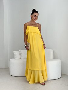 VESTIDO LONGO AMARELO COM BABADOS