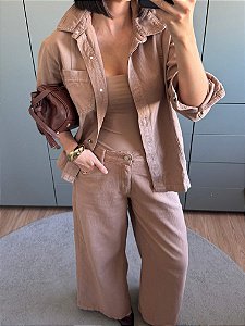 Camisa Jeans Marrom Claro Palazzo