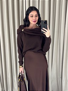 Blusa Tricot Ombro a Ombro Ana Com Detalhe Metal Elegante
