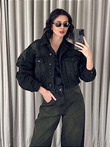 Jaqueta Bomber Jeans Cropped Preta Feminina