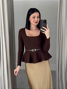Blusa Tricot Peplum Feminina Decote Quadrado