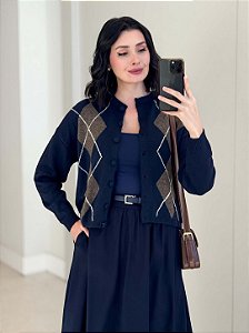 Cardigan Tricot Xadrez Escocês Feminino