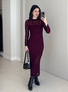 Vestido Longo Tricot Rendado Manga Longa