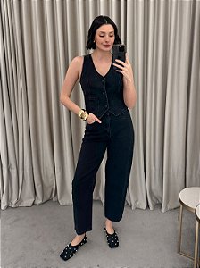 Colete Jeans Preto Estonado Feminino