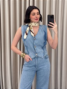 Colete Jeans com Ombreiras Azul Claro