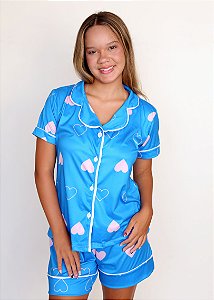 Pijama Feminino Americano Azul Corações