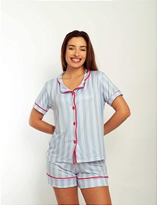Pijama Feminino Americano Listras Azuis
