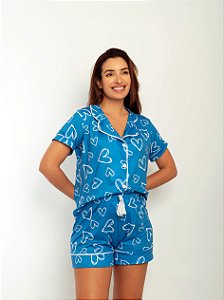 Pijama Feminino Azul Coração Branco