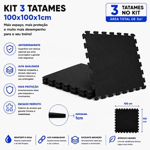 Kit 3 Tatames Tapetes Eva 100x100x1cm 1x1 Metro 10mm PRETO