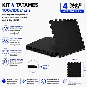 Kit 4 Tatames Tapetes Eva 100x100x1cm 1x1 Metro 10mm PRETO