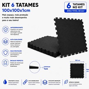 Kit 6 Tatames Tapetes Eva 100x100x1cm 1x1 Metro 10mm PRETO
