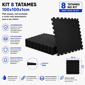 Kit 8 Tatames Tapetes Eva 100x100x1cm 1x1 Metro 10mm PRETO