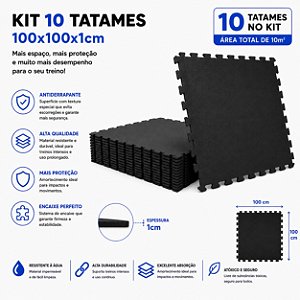 Kit 10 Tatames Tapetes Eva 100x100x1cm 1x1 Metro 10mm PRETO