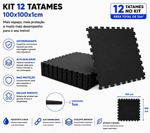 Kit 12 Tatames Tapetes Eva 100x100x1cm 1x1 Metro 10mm PRETO
