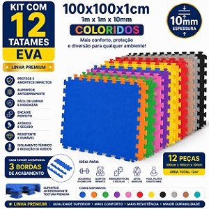 Kit 12 Tatames Tapetes EVA 100x100x1cm 10mm com Bordas