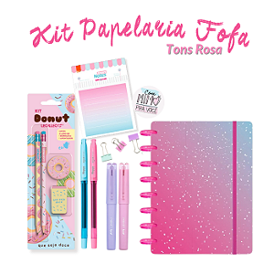Kit Papelaria Fofa Kawaii Caderno de Discos Tons Rosa