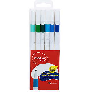 Caneta Fineliner Tons de Azul e Verde 6 Cores 0.4mm - Molin