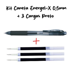 Kit Energel-x Pentel 1 Caneta Preto 0.5mm + 3 Cargas Refil