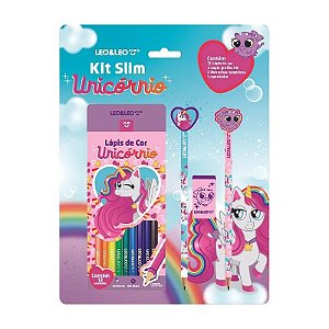 Kit Lápis De Cor 12 Cores, Lápis HB, Apontador, Borracha, Cola e Tesoura Unicórnio - Leo&Leo