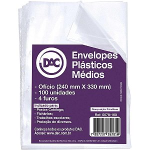 Envelope plastico oficio 4furos medio 0,10mm - dac (pct.c/100)