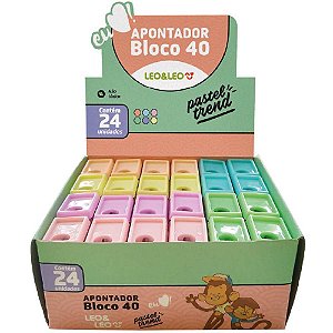 Apontador com deposito bloco 4cm 6cores pastel - leonora (cx.c/24)