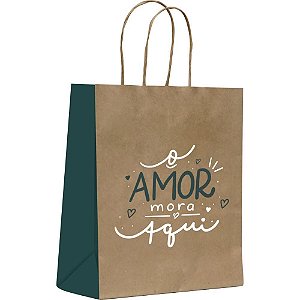 Sacola para presente decorada amor mora aqui g 32x38x19cm - scrity (pct.c/10)