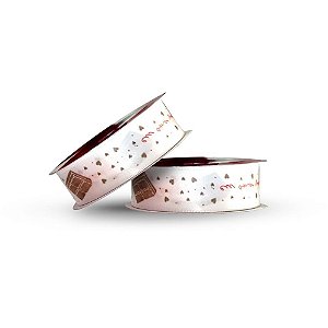 Fita de cetim decorada 22mm 10m. branca amo vc+chocol - cinderela (unidade)