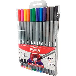 Caneta com ponta porosa fine 0.4mm 12 cores - famix (bl.c/12)