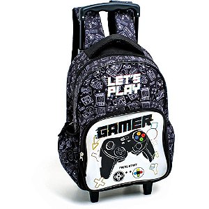 Mochila infantil com rodinha gamer bolso frontal md pt - kit (unidade)