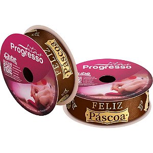 Fita de cetim pascoa 22mm 10m. feliz pascoa marrom - fitas progresso (unidade)