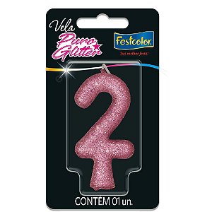 Vela para aniversario n.02 rosa puro glitter - festcolor (cx.c/10)