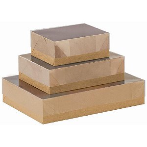 Caixa para presente com tampa kraft e pvc pq 19x14,5x7,5 - cristina (pct.c/05)