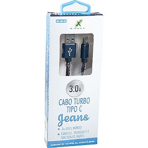 Cabo usb flat tape c 3.0a 1,0m jeans - flex (unidade)