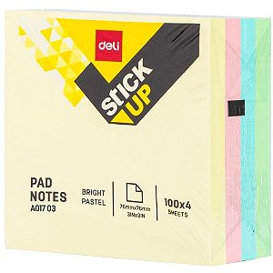 Bloco de recado autoadesivo 76x76mm tons pasteis 4x100fls - deli (unidade)