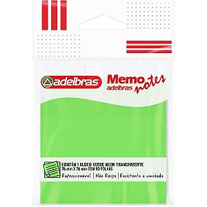 Bloco de recado autoadesivo memonote transp 76x76 verde ne - adelbras (unidade)