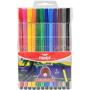Caneta hidrografica hexagonal 12 cores - famix (estojo)