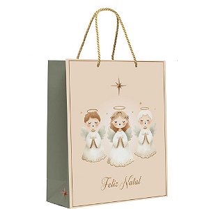 Sacola para presente natal belem anjinhos pq 23x19x10cm - cromus (pct.c/10)
