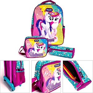 Mochila infantil com rodinha unicornios g estojo+lancheira - magic kids (kit)