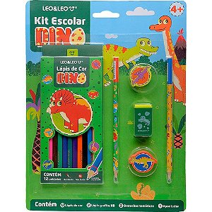 Kit escolar dino 12 lapis de cor + 5 peças - leonora (blister)