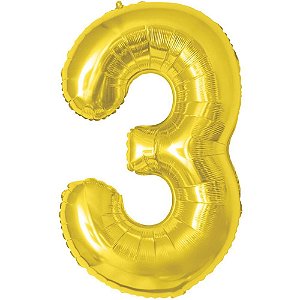 Balao metalizado numero 3 dourado 70cm. - make+ (unidade)