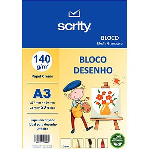 Bloco tecnico sem margem desenho a3 creme 140g 20fls. - scrity (pacote)