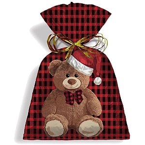 Saco metalizado de natal 30x45cm teddy noel perolizado - xingo embalagens (pct.c/50)
