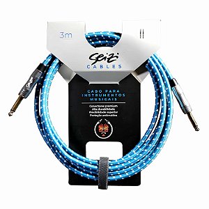 Cabo Seizi Para Guitarra Violão Baixo P10 3m Têxtil Azul Branco
