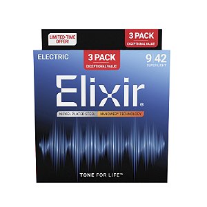 Kit Encordoamento Guitarra Elixir 009 042 Nanoweb Super Light Pack 3