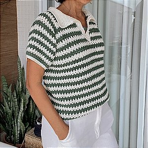 Blusa Polo Crochê Feminina Listrada Verde e Branca