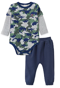 Conjunto Body Menino Manga Longa Dinossauro Azul Marinho