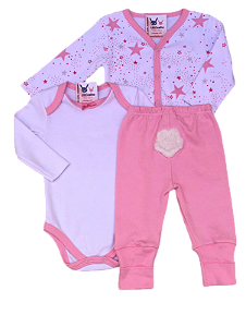 Kit Menina 3 Peças Bebê Manga Longa Rosa