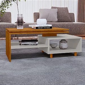 Mesa de Centro Decorativa Lima para Sala Tampo Duplo Design Moderno - Naturalle/Branca