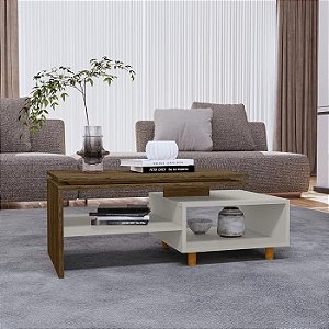 Mesa de Centro Decorativa Lima para Sala Tampo Duplo Design Moderno - Ipê/Branco